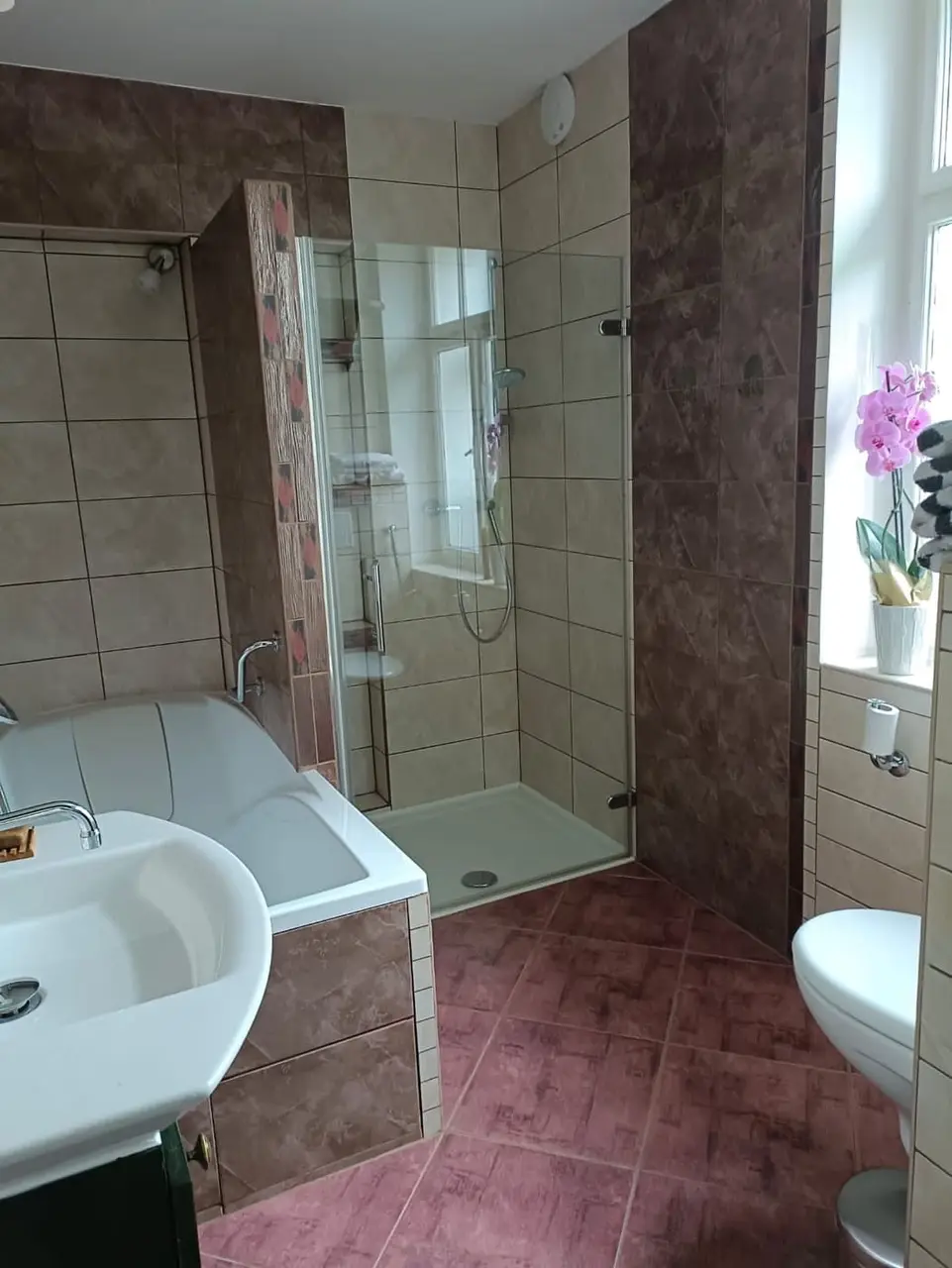 Koupelna se sprchovým koutem, vanou a WC